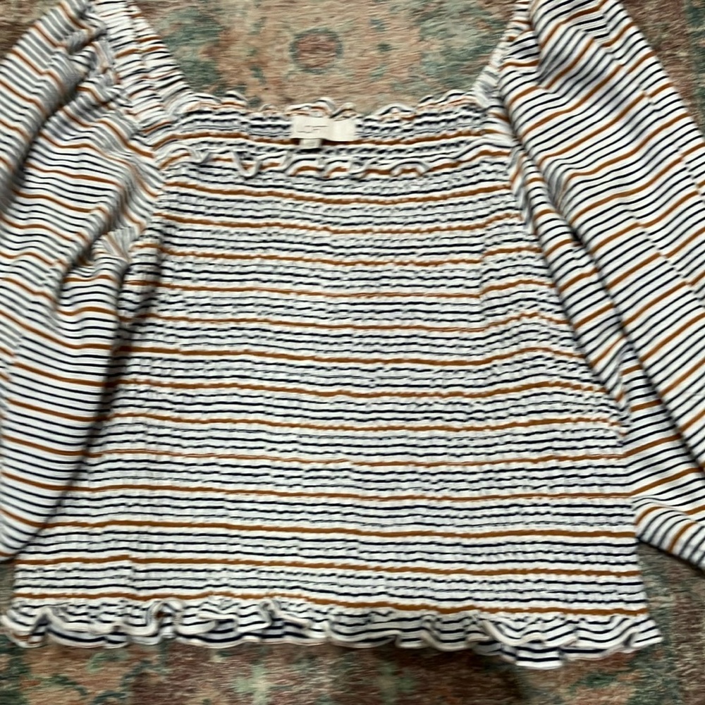 NWT LOFT Striped Puff Sleeve Ruched Top - and Matching skirt Black, White, Tan - Picture 5 of 7